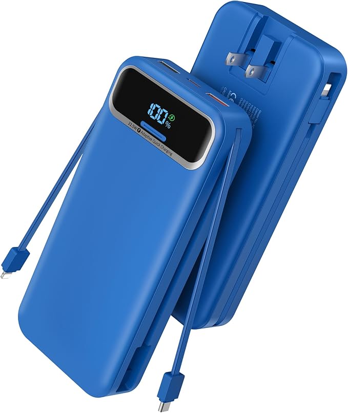 Portable Charger, 20000mAh 22.5W Fast Charging Power Bank with Built-in Cables & Wall Plug, Travel Essential External Battery Pack with LED Display, USB C Battery Phone Charger for iPhone Samsung Navy