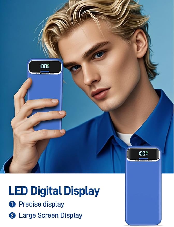 Portable Charger, 20000mAh 22.5W Fast Charging Power Bank with Built-in Cables & Wall Plug, Travel Essential External Battery Pack with LED Display, USB C Battery Phone Charger for iPhone Samsung Navy