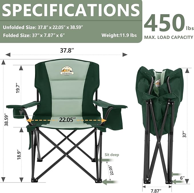 Colegence Heavy Duty Camping Chair for Adults, Oversized Heavy People Foldable Outside Camp Chairs Carry Bag Included, with Cooler Bag Cup Holder, Side Pocket for Lawn,Sport,Outdoor,Dark Green