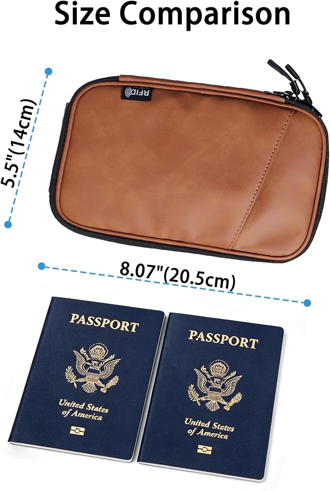 family passport holder for 4 passport wallet for travel passport cover rfid blocking for women waterproof wallet with zipper airtag passport case for men multiple passport bag (BROWN)