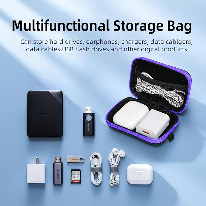 Earbud Case Portable EVA Storage Bag Cell Phone Accessories Organizer with Carabiner for Wired/Wireless Earphone, Earbud, Earpieces, SD Memory Card, Camera Chips, Tech Pouch, Rectangle,Purple