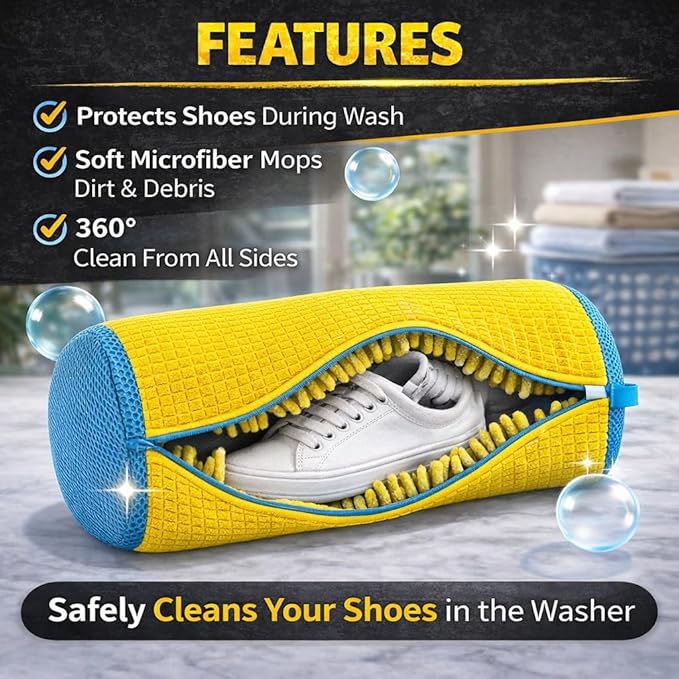 Shoe Washing Machine Bag for Sneakers, 360° Deep Clean Chenille Microfiber Laundry Bag with Hidden Zipper, Reusable Shoe Wash Protector for Running & Tennis Shoes (Yellow)