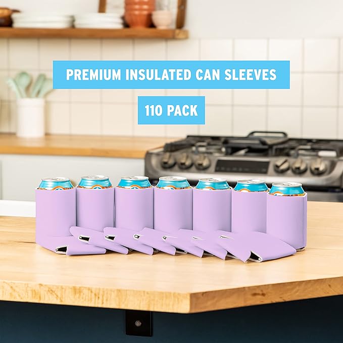Blank Beer Can Cooler Sleeves (110-Pack) Soft Insulated Beer Can Coolies - HTV Friendly Blank Koolies in Bulk for Beer Cans & Bottles - Coolie Blanks for Vinyl Projects & Wedding Favors (Lavender)