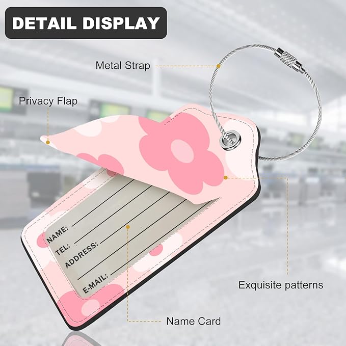 2Pack Luggage Tags for Suitcases, Cute Unique Pu Leather Cruise Luggage Tag with Privacy Cover ID Label Address Card and Metal Ring Suitable for Women Men Kids Travel Bag Pink Large Flower