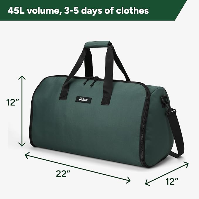 Halfday Convertible 2-in-1 Garment Duffel Weekender Bag 45L: Wrinkle-Free Travel (Hanging Suit Compartment, Shoe Pockets, Trolley Sleeve), Durable & Water-Resistant Carry-on, Hunter