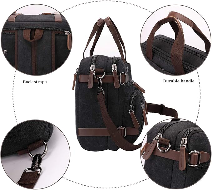 CROCOD 3 In 1 Canvas Convertible Laptop Bag for Men Women, 17.3 inch Laptop Messenger Bag Work Briefcase, Computer Shoulder Bag for Travel Business Office (17.3 Inch, Black) | 3 In 1, Multi-pocket