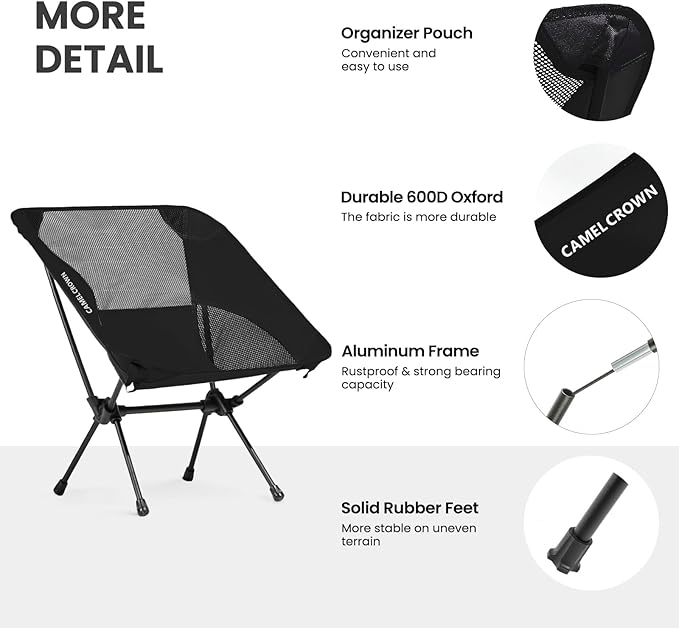 CAMEL CROWN Portable Camping Chair Lightweight Compact Folding Chair Mesh for Outdoor Camp Travel Beach Picnic Festival Hiking Backpacking Black 2 Pack