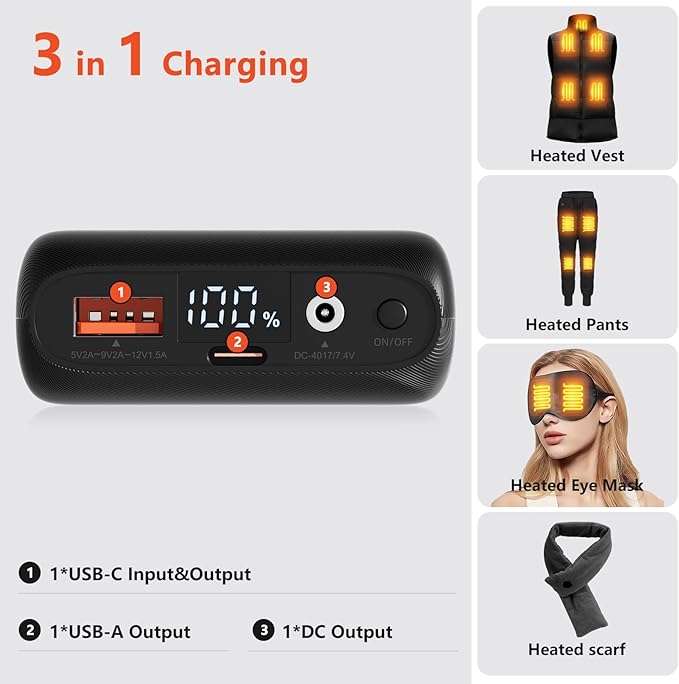 7.4v 16000mah Heated Vest Battery Pack for Wide Range of Heated Clothing, 7.4V/5V Rechargeable Power Bank USB/Type-C/DC Output for Heated Vest Jacket with LED Display