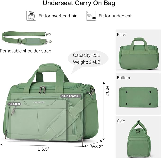 Hanke Small Travel Duffel Bag, Under Seat Carry On Personal Item Bag with 11 Pockets, Lightweight Water Resistant Foldable Weekender Bag with Trolley Sleeve for Travel Gym Daily Use（Forest Green）