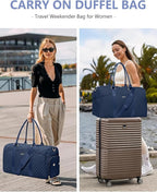 Women Weekender Travel Duffle Bag: Travel Duffel Overnight Bags with Shoe Compartment Large Carry on Tote with Toiletry Bag Weekend Traveling Yoga Gym Hospital Bag for Women with Wet Pocket Blue