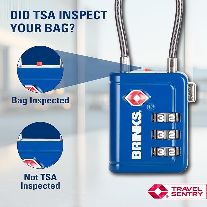 Brinks TSA Accepted Indicator Luggage Lock, Blue - Resettable 3-Dial Combination, 1.5 inch Long Cable Shackle, New More Secure TSA008 Key, 4 Pack