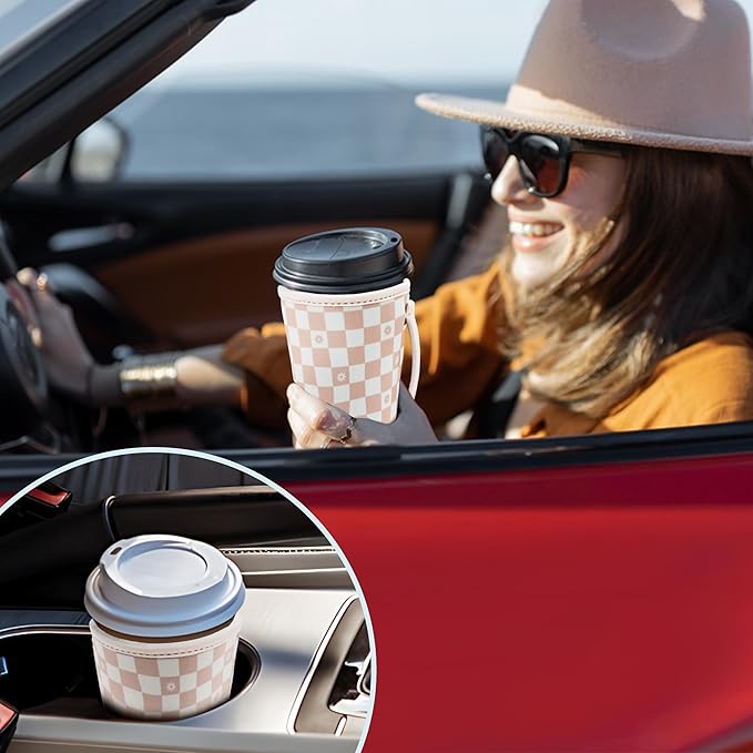 KJQJLY 3 Pack Reusable Iced Coffee Sleeves for Iced Coffee Cups or Drinks Reusable Neoprene Insulated Sleeves for Hot and Cold Drinks from Starbucks, Dunkin, And More (Floral Checkers)