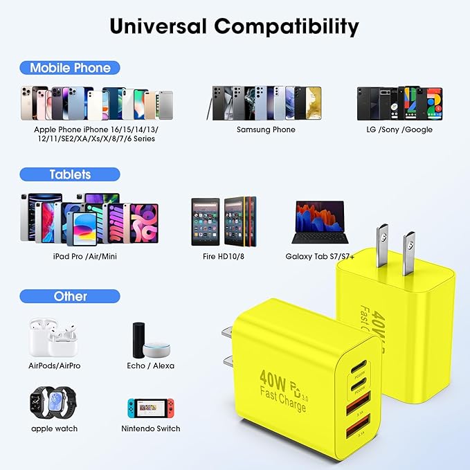 USB C Charger Block, 2 Pack 40W 4-Port iPhone Charger Fast Charging Multiport PD 3.0 & QC 4.0 Double Quick Charge, Compatible with iPhone 17/16/15/14/13/12/11，Pro Max，iPad, Samsung (2, Yellow)