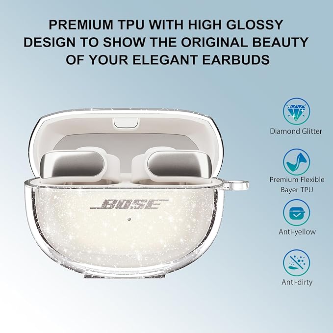 Aircawin for Bose Ultra Open Earbuds Case Glitter,Cute Sparkle Bling for Bose Ultra Open Case Cover 2024,Soft TPU Cover for Bose Open Ear Earbuds Accessories with Carabiner and Cleaning Pen-Glitter