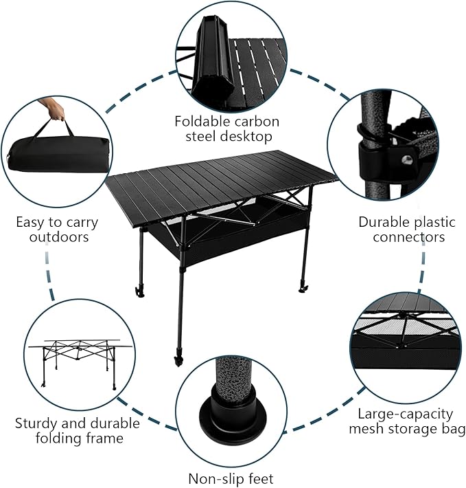 Camping Table Folding Portable Table 47.24” X 21.65” Roll-up Picnic Table with 2 Adjustable Height for Picnic, Camping, Beach, BBQ, Party, Backyard, Black
