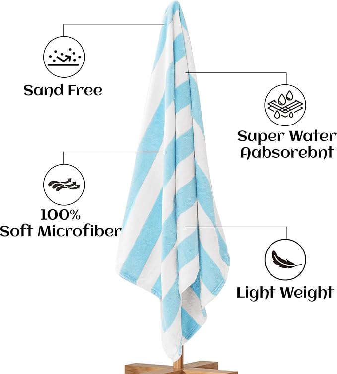 Touchat 4 Pack Cabana Stripe 250GSM Polyester Lightweight Quick-Dry Beach Towel & Blanket Combo- 30'' x 60'' Compact Travel Towel for Pool, Camping, Gym, Yoga | Ultra-Portable, Pink 2Pack + Blue 2Pack