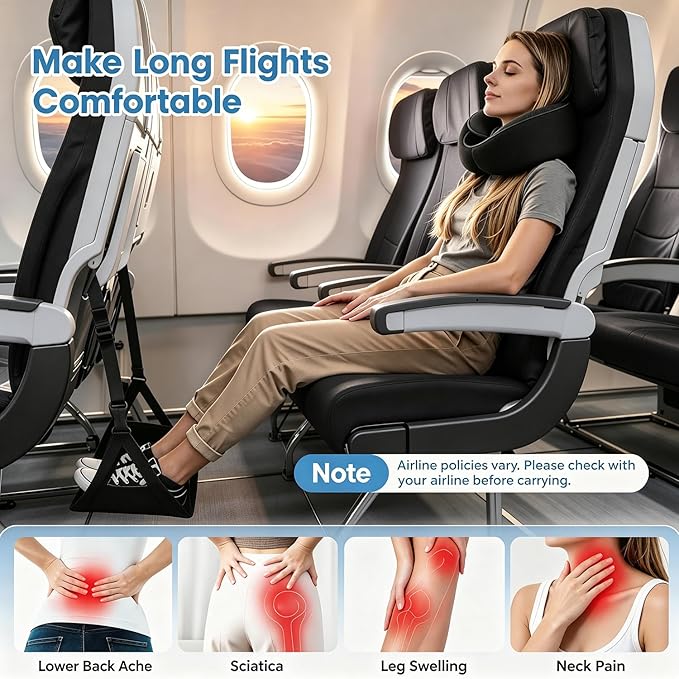 Ergonomic Airplane Pillow and Airplane Foot Hammock, Ultra Portable Neck Pillow with 360° Head Support, Portable Travel Foot Rest with Adjustable Strap, Includes Eye Mask & Ear Plugs, for Flight, Car