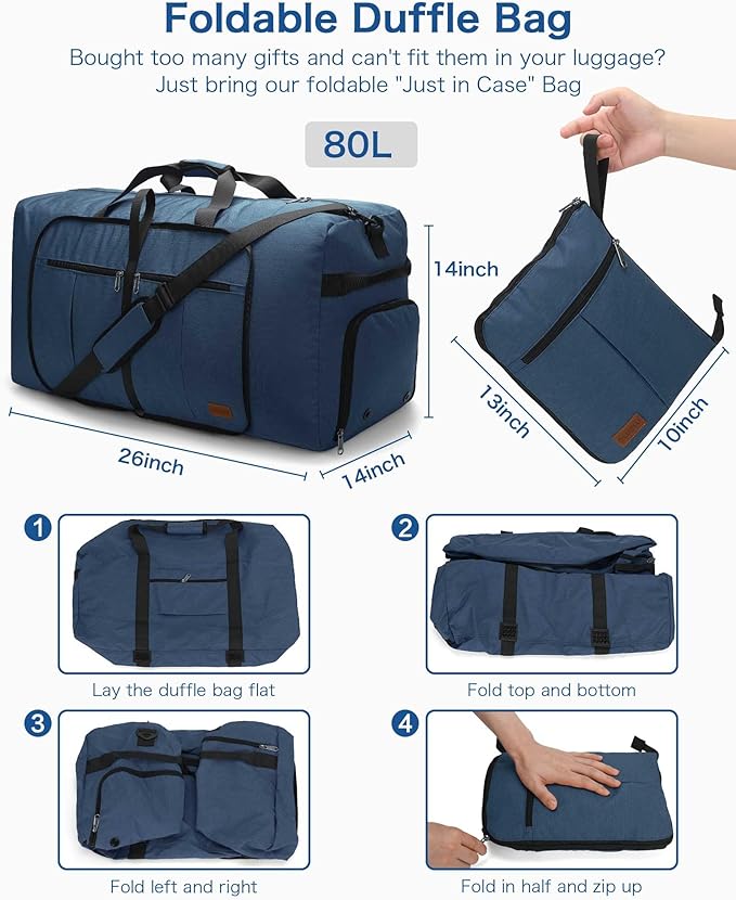 80L EXTRA LARGE Duffle Bag for Travel, 26" Foldable Travel Duffel Bag with Shoe Compartment for Men Women, Waterproof & Tear Resistant (Dark Blue, EXTRA LARGE, 80L)