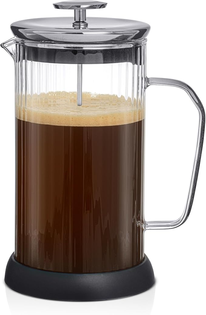 JoyJolt Fluted French Press Coffee and Tea Maker Set, 33.8oz Stainless Steel Press, Borosilicate Glass Coffee Press, Cold Brew Portable French Press, Tea Press, Large, clear