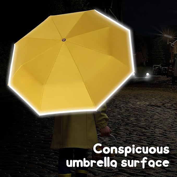 Kids Umbrella for Boys Girls, Yellow Cute Cartoon Automatic Folding Travel Umbrella with Reflective Stripe, Double Canopy Waterproof, 8 Ribs Windproof, Compact Rain Gear