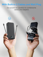 Ffnpua Portable Charger with Wall Plug, 20000mAh USB C Fast Charging Power Bank, External Battery Pack with Built in Cables, Digital Display, 5 Output 2 Input for iPhone Android Cell Phone Tablet