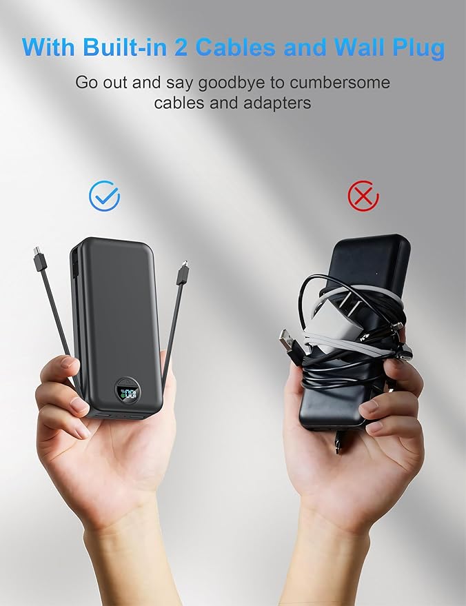 Ffnpua Portable Charger with Wall Plug, 20000mAh USB C Fast Charging Power Bank, External Battery Pack with Built in Cables, Digital Display, 5 Output 2 Input for iPhone Android Cell Phone Tablet