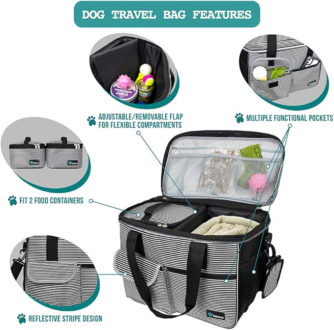 PetAmi Dog Travel Bag, Travel Pet Bag Organizer, Dog Food Travel Bag with Container Collapsible Bowls, Pet Travel Supplies Gift Accessories Weekend Camping, Puppy Cat Diaper Bag, Stripe Black Medium