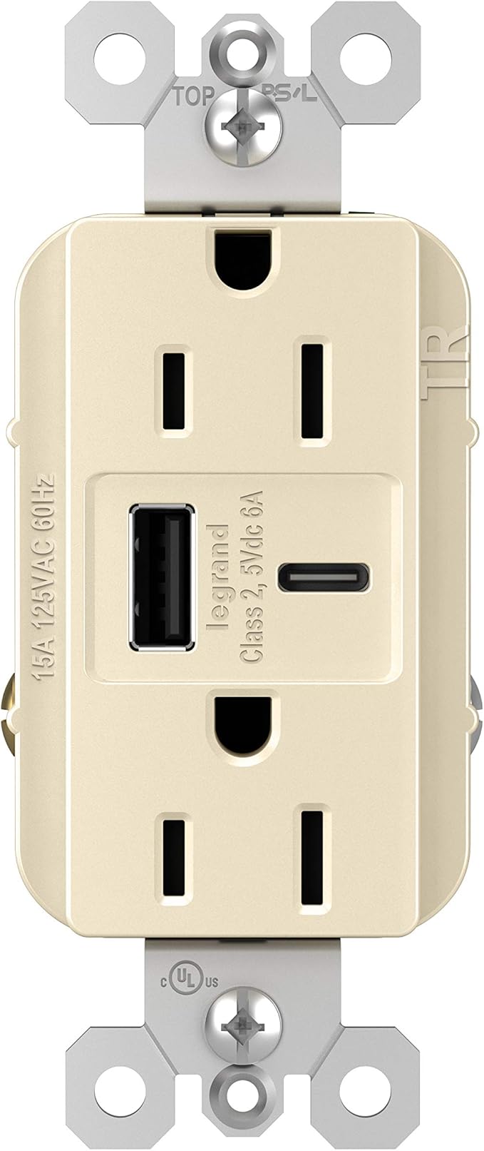 Legrand radiant R26USBAC6LA 15 Amp Tamper-Resistant Decorator Duplex Receptacle Outlet with Ultra Fast USB A/C 6.0A Charging Ports, Light Almond (1 Count)