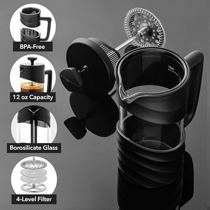 OVENTE French Press Coffee Maker 12 Ounce with Heat Resistant Borosilicate Glass & Stainless Steel 4-Level Filtration System, Portable Cold Brew Coffee Maker for Travel, Camping or Gift, Black FPW12B
