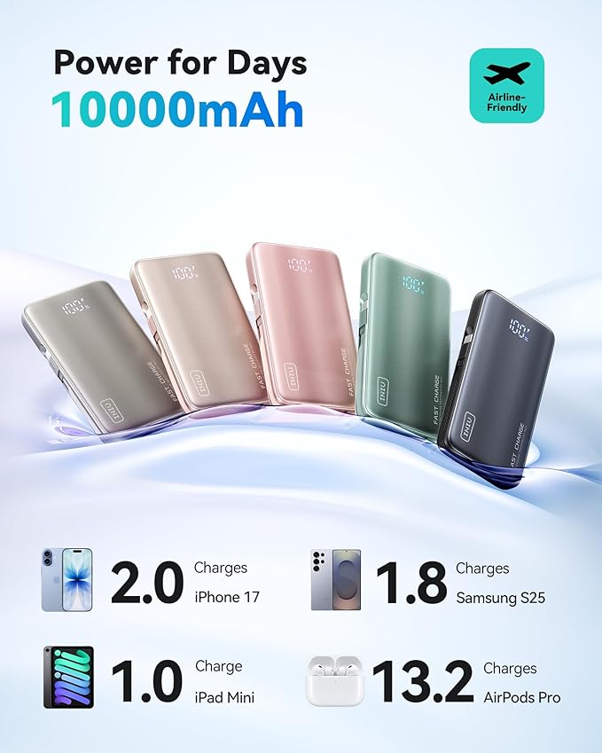 INIU 3-in-1 Portable Charger, 45W 10000mAh Fast Charging Power Bank, Built-in USB C Cable & Foldable Wall Plug, Travel Essentials, Battery Pack for iPhone 17 16 15 Series, Samsung, MacBook, etc. Green