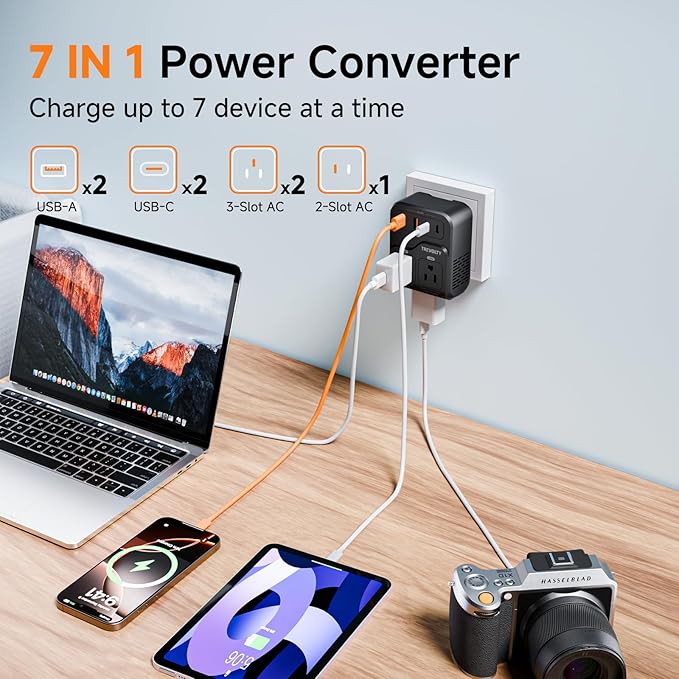 2000W Voltage Converter US to Europe, 220V to 110V Converter for Hair Dryer, 7-in-1 European Travel Plug Adapter with 3AC/2USB-A/2USB-C (PD20W), Travel Essentials with Type ABCE/FGI (Black)