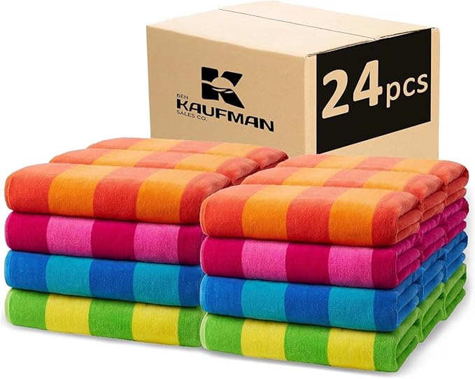 Kaufman - Soft Oversized Beach Towels in Bulk | 30" x 60" Velour Striped Beach Towel | Absorbent, Quick-Drying | 100% Cotton Thick Beach Towels (24)