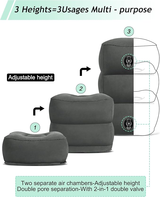Inflatable Foot Rest Pillow, Kids Airplane Bed, Adjustable 3 Layers Height Leg Rest Pillow, Airplane Travel Essentials Great for Airplane, Office, Home, Trains, Cars