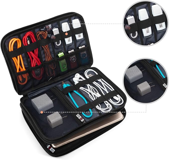 BUBM Double Layer Electronic Accessories Organizer, Travel Gear Bag for Cables, USB Flash Drive, Plug and More, Perfect Size Fits for iPad Mini (Medium, Blue)
