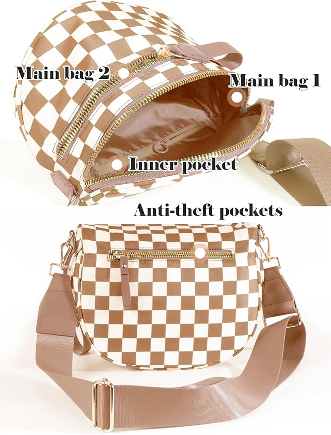 Black and White Checkered Crossbody Bag Bum Bag for Women,Spacious Checkered Purse Fanny Packs Belt Bag