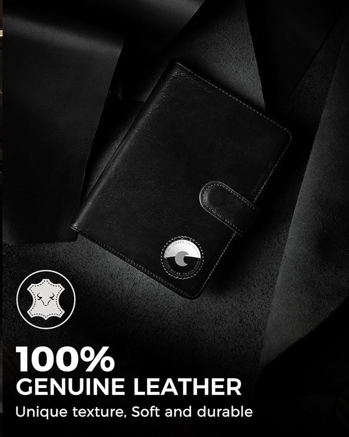 LORZOR Passport Holder for Travel: Full Grain Leather Passport Cover with Airtag Holder Magnetic Buckle for Men - RFID Blocking Bifold Wallet for Air Ticket Card Cash Coin (Black)