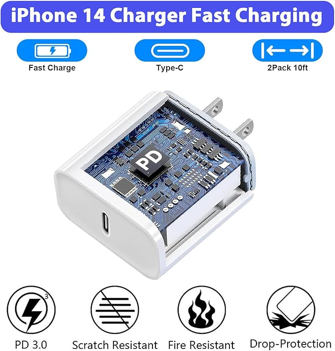 10FT iPhone Fast Charger,2Pack[Apple MFi Certified]iPhone Fast Charging USB C Blocks Wall Charger PD Adapter with Long 10 Foot USB C to Lightning Cable for i Phone14/13/12/11Pro Max/XS/SE/AirPods,iPad