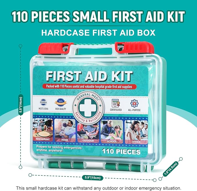 General Medi 110 Pieces Small First Aid Kit - HardCase First Aid Box - Contains Premium Medical Supplies for Travel, Home, Office, Vehicle, Camping, Workplace & Outdoor