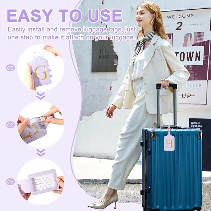 Personalized Initial Luggage Tags for Suitcase, Purple Leather Cute Luggage Tags with Privacy Cover Name Card, Embroidered Custom Monogrammed Luggage Tag Travel Backpack Tags Gifts for Women Kids(H)