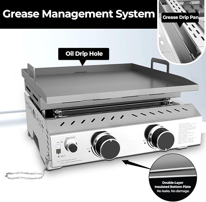 R.W.FLAME Portable Propane Griddle,Stainless Steel Gas Grill,Table Top Grill for Outdoor BBQ,Camping and RVs,Silver (2 Burner)