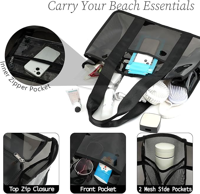 Fammart Iridescent Clear Beach Bag for Women, Jelly Tote Bag Waterproof Sandproof Pool Bag Cruise Vacation Essentials
