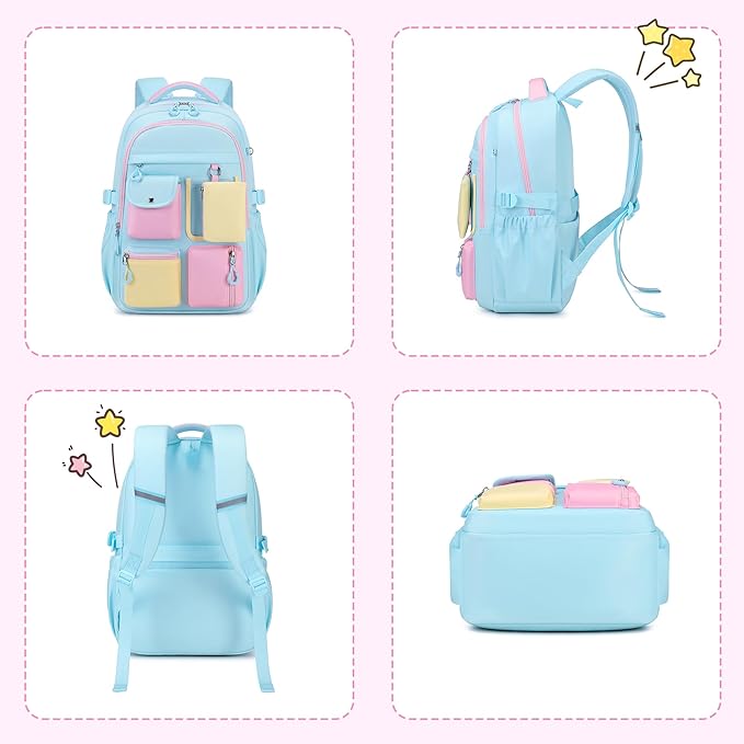 Kids Backpack, Backpack for Girls for Elementary School Multiple Pockets Ages 6-10(Blue)