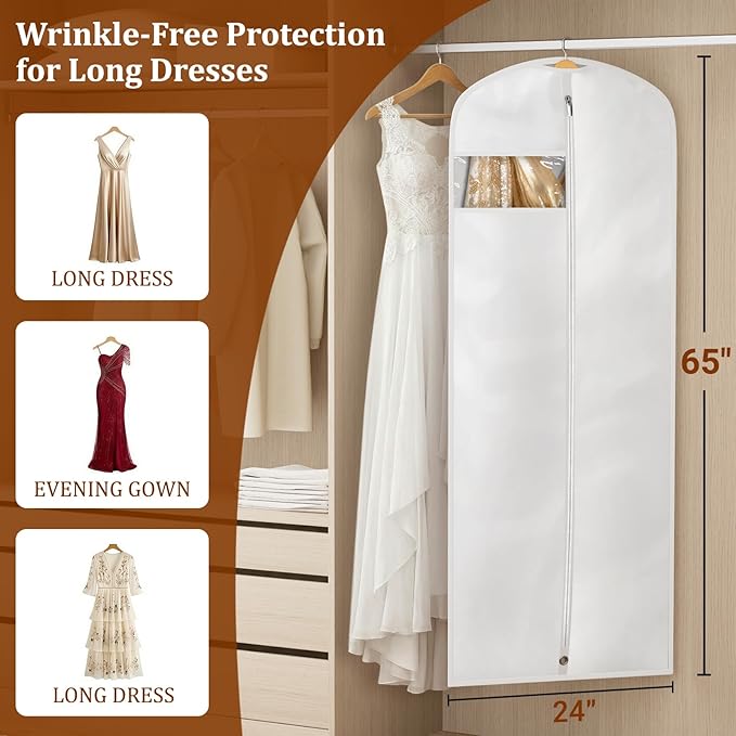 KIMBORA 65" Dress Bags for Gowns Long Garment Bags for Hanging Clothes with Clear Window, Foldable Wedding Dress Cover for Closet Storage and Travel (1 Pack, White)