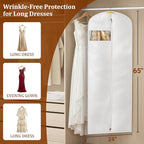 KIMBORA 65" Dress Bags for Gowns Long Garment Bags for Hanging Clothes with Clear Window, Foldable Wedding Dress Cover for Closet Storage and Travel (1 Pack, White)