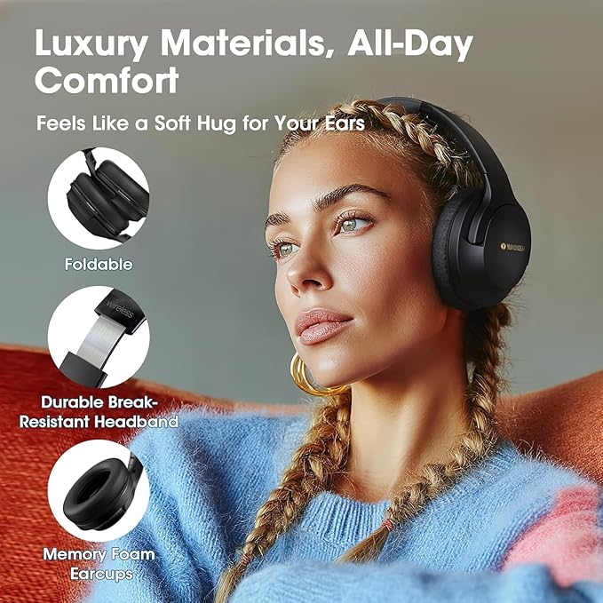 YUMONDEAR Bluetooth Headphones Over Ear, 80 Hrs Playtime Wireless Headphones with ENC Mic, Deep Bass EQ, Foldable Comfort for Travel, Gym & Commuting, Stocking Stuffers