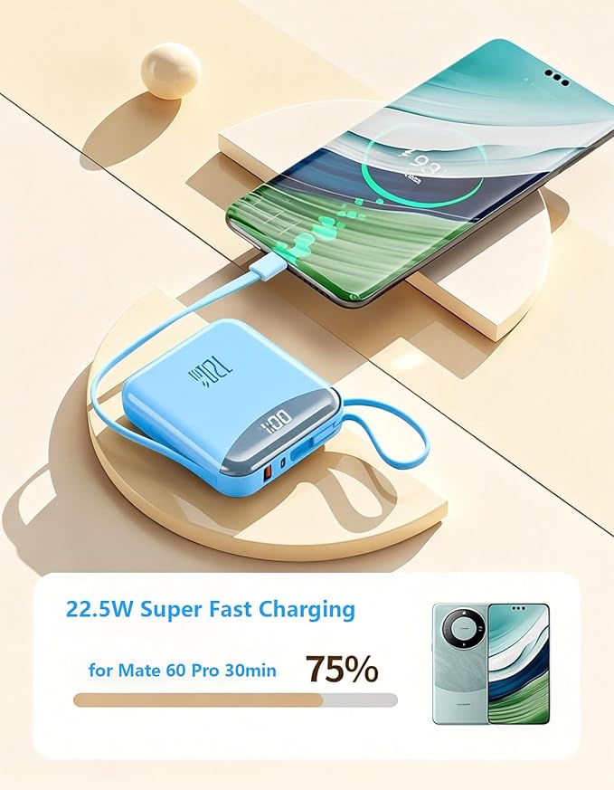 10000mAh Portable Charger with Built-in USB-C & Light-ning Cables, 22.5W Fast Charging Power Bank, Travel Battery Pack with LED Display for iPhone Samsung Android – Flight Approved