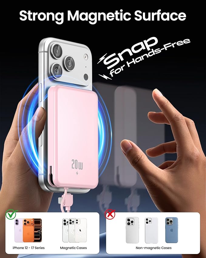 golioklsy Portable Charger Power Bank, 10000mAh Phone Charger with Built-in Cable, 20W PD Fast Charging, Slim Battery Pack with LED Display, Travel Essential for iPhone 17/16/15/14 All Series, Pink