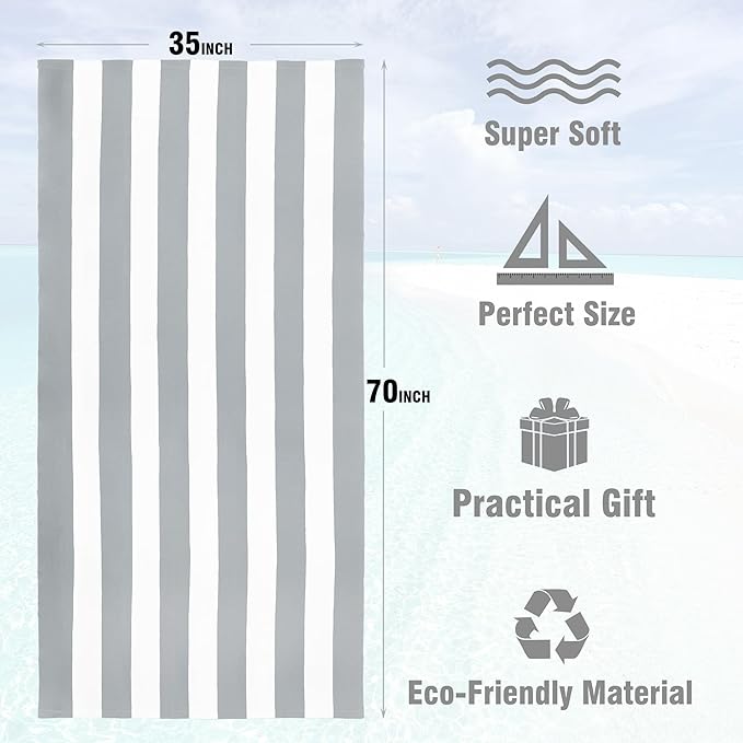 HENBAY Large Oversized Beach Towel - 35 x 70 Inch Microfiber Pool Towel, Grey Striped Quick Dry Cabana Swim Towel