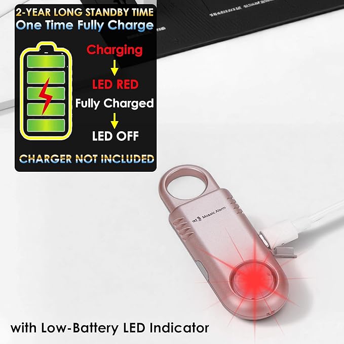135dB Rechargeable Personal Safety Alarm Built-in Ultra-Bright Flashlight Non Slip Grip Keychain Emergency SOS Siren for Women, Students, Night Runner. Loud Sound Hiking Bear Alerts with Hook. Gold