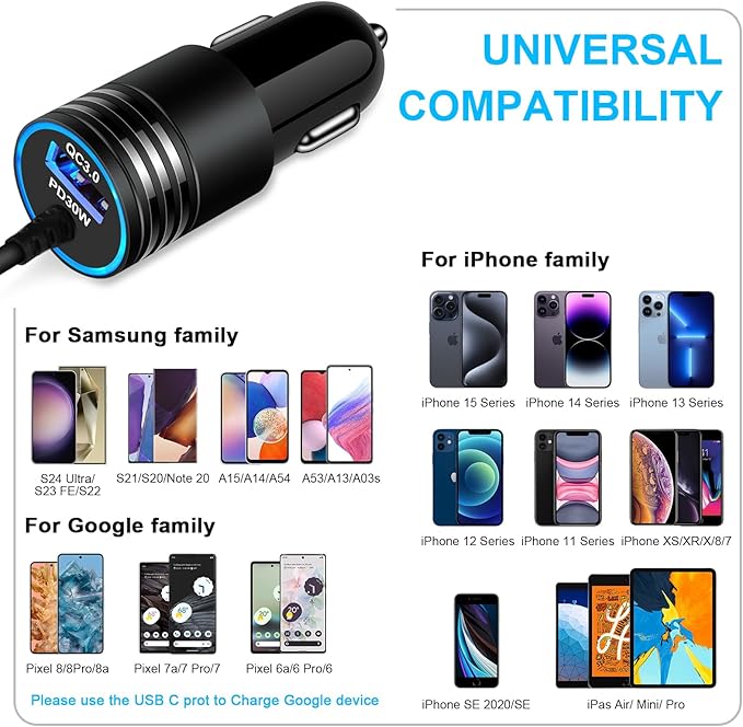 USB C Car Charger, 48W Super Fast Charging Type C Car Adapter for Samsung Galaxy S26 Ultra S25 S24 S23 S22 S21 S20 A56 A36 A16 A15 A14, iPhone 17 16 15 Pro Max, Android Car Charger with USB C Cable